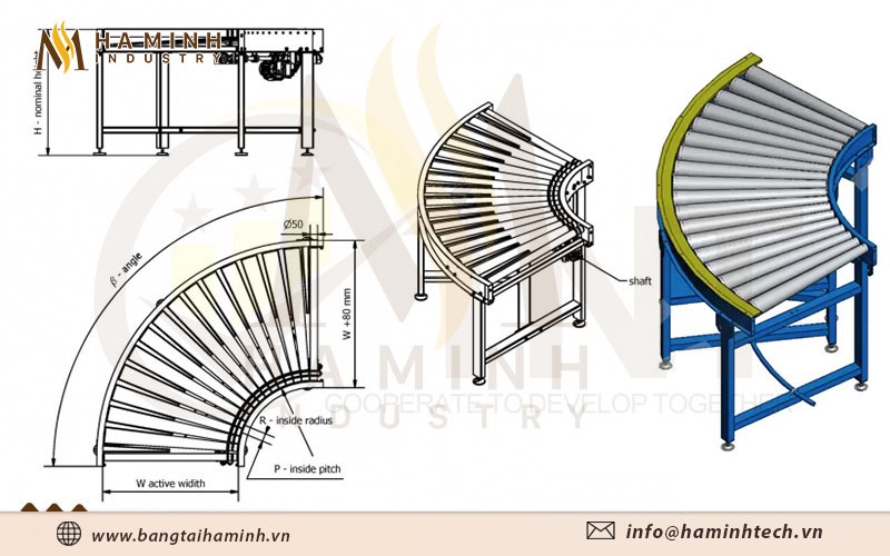 Cấu tạo băng tải con lăn cong